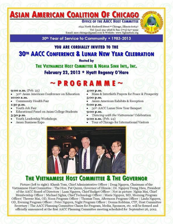 Vào tháng 2 năm 2005, Anh Nguyễn Minh Đức đã được Hội Đồng Huynh Trưởng tuyển chọn làm Trưởng Ban Tổ chức Hội Tết Á kiều và Hội thảo Giáo dục AACC 2013. Lễ hội nầy sẽ được tổ chức từ 9 giờ sáng đến 12 giờ tối ngày 23 tháng 2 năm 2013 tại Khách sạn Hyatt Regency O’Hare. Phương Đoàn Nghĩa Sinh Chicago thân chúc Anh Đức thành công trong việc tổ chức đại lễ nầy.
